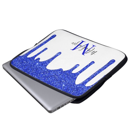 Azure Royal Blue Sparkle Glitzer Tropfen Monogram Laptopschutzhülle (Vorne Knopf)