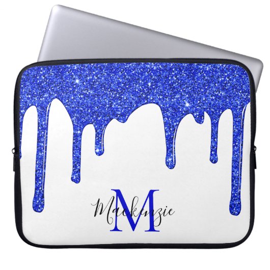Azure Royal Blue Sparkle Glitzer Tropfen Monogram Laptopschutzhülle (Vorderseite)