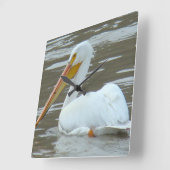 B15 White Pelican on Muddy Water Quadratische Wanduhr (Winkel)
