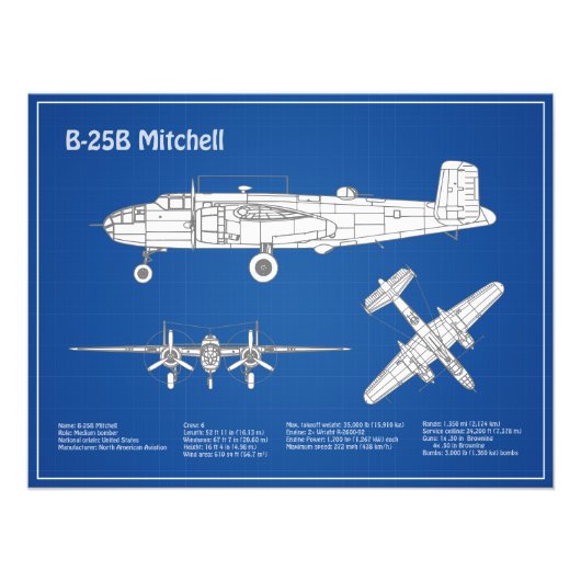 B-25B Mitchell Doolittle - Airplane Blueprint ABD Fotodruck (Vorne)