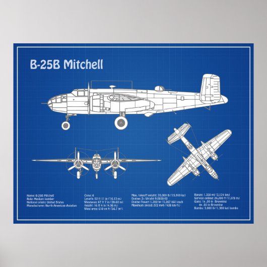 B-25B Mitchell Doolittle - Airplane Blueprint ABD Poster (Vorne)