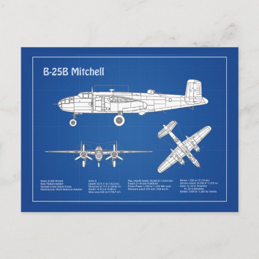 B-25B Mitchell Doolittle - Airplane Blueprint ABD Postkarte (Vorderseite)
