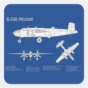 B-25B Mitchell Doolittle - Airplane Blueprint ABD Quadratischer Aufkleber