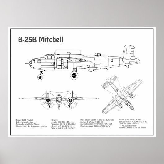 B-25B Mitchell Doolittle - Airplane Blueprint BD Poster (Vorne)