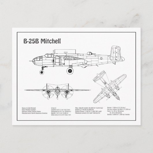 B-25B Mitchell Doolittle - Airplane Blueprint BD Postkarte (Vorderseite)