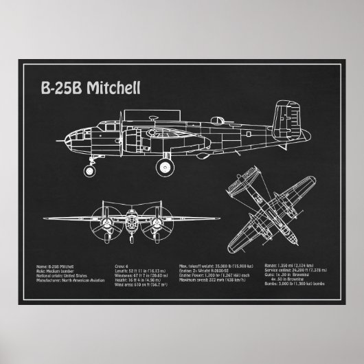 B-25B Mitchell Doolittle - Airplane Blueprint PD Poster (Vorne)