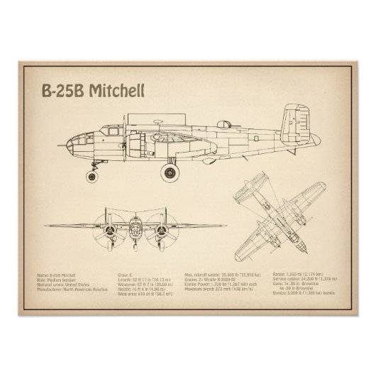 B-25B Mitchell Doolittle - Airplane Blueprint SD Fotodruck (Vorne)