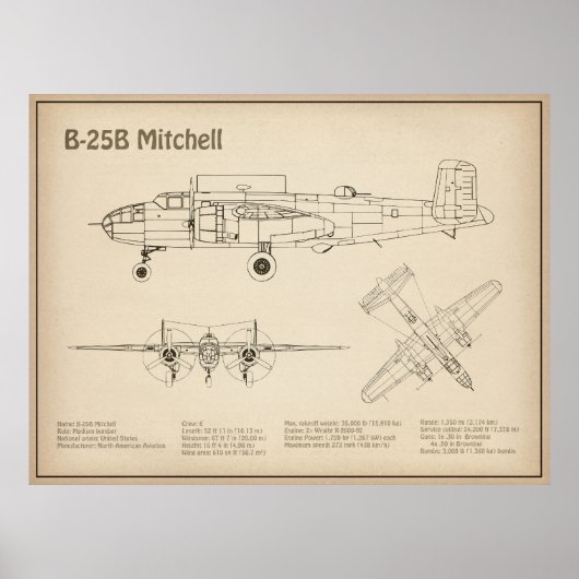 B-25B Mitchell Doolittle - Airplane Blueprint SD Poster (Vorne)