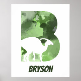 "B" Dinosaurier Watercolor Green Child's Name Post Poster