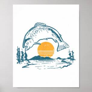B Fisch Sonnenuntergang Mond Vintage Angeln Fische Poster