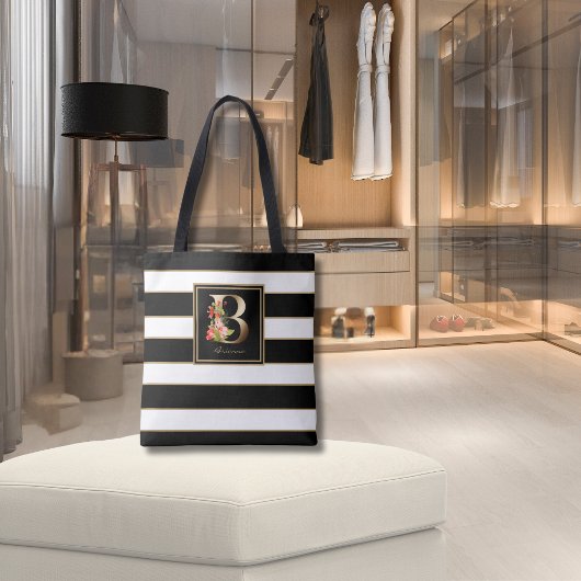 B Gold Floral Monogram | Schwarz-weiße Streifen Tasche