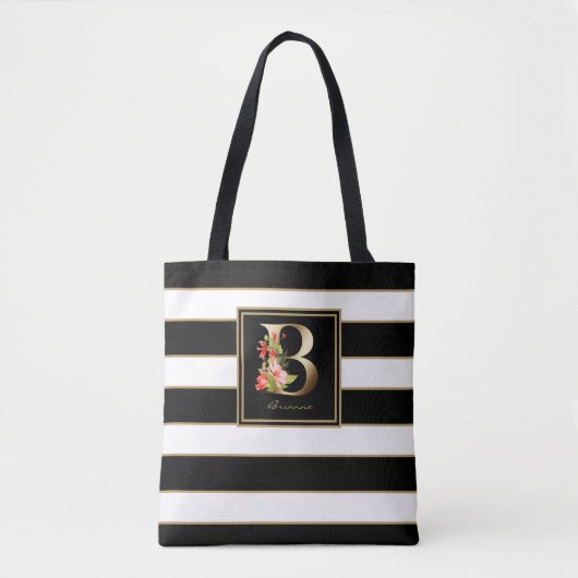 B Gold Floral Monogram | Schwarz-weiße Streifen Tasche (Vorderseite)