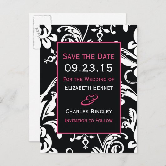 B&HP Contemporary Damask Save the Date Ankündigungspostkarte (Vorne/Hinten)