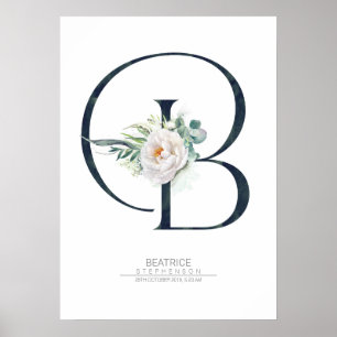 B Initialen-Monogramm Weiße Blumen und Grün Poster