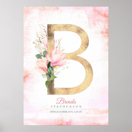 B Letter Monogram Gold Blätter Pink Magnolia Flora Poster (Vorne)