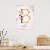 B Letter Monogram Gold Blätter Pink Magnolia Flora Poster (Küche)