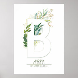 B Letter Monogram Gold Greenerage Foliage Chic Poster