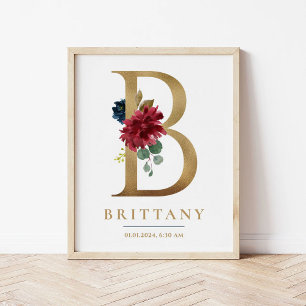 B Letter Monogram Name Marsala Floral Kinderzimmer Poster