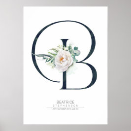 B Letter Monogram Weiße Blume und Grüne Poster