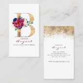 B Monogram Burgundy Gold und Navy Blue Floral Visitenkarte (Vorne/Hinten)