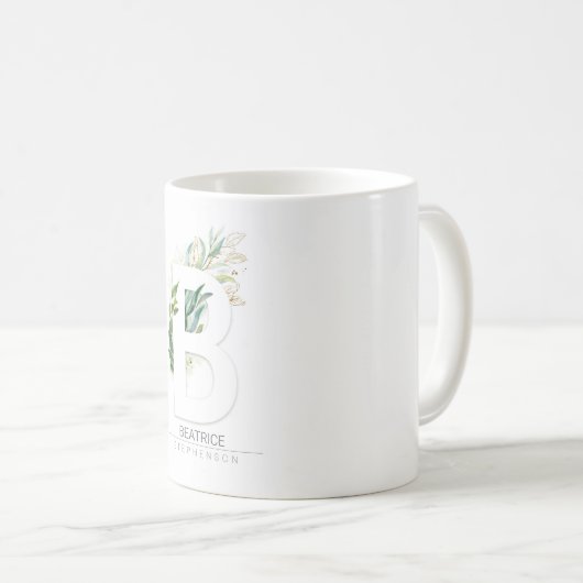 B Monogram Gold Greenery Blätter Eleganter Name Kaffeetasse (VorderseiteRechts)
