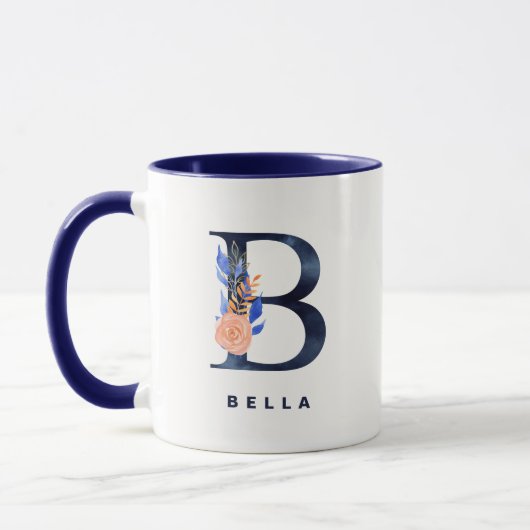 B Monogram Navy Blue Watercolor Floral Tasse (Links)