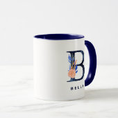 B Monogram Navy Blue Watercolor Floral Tasse (VorderseiteRechts)