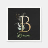 B Monogramm Grüne Eukalyptus Glitzer schwarz Serviette (Vorderseite)