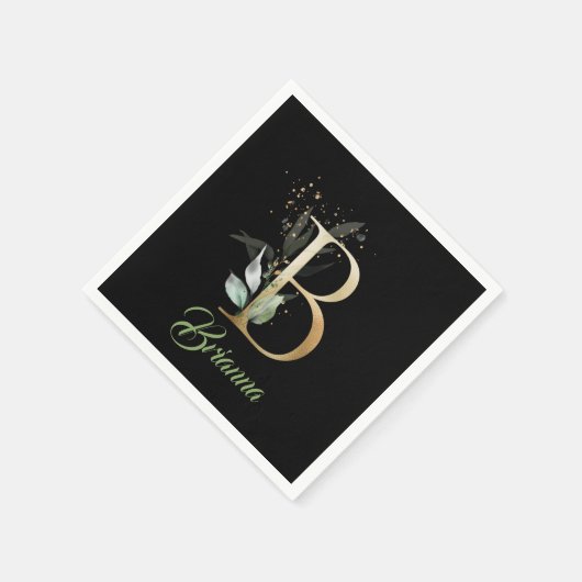 B Monogramm Grüne Eukalyptus Glitzer schwarz Serviette (Ecke)