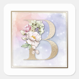 B Monogramm Rosa Blumen Quadratischer Aufkleber