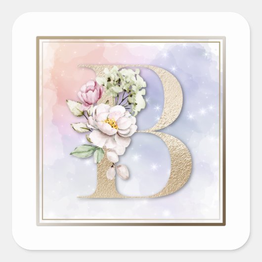 B Monogramm Rosa Blumen Quadratischer Aufkleber (Vorderseite)