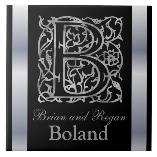B Monogramm und Name "Besque on Black" Keramik Til Fliese (Vorderseite)