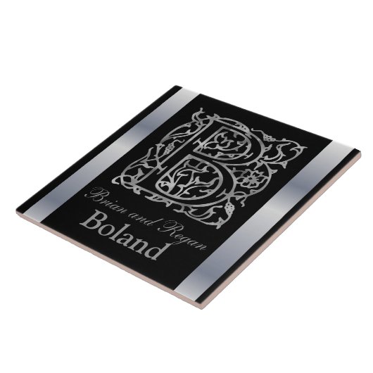 B Monogramm und Name "Besque on Black" Keramik Til Fliese (Seite)