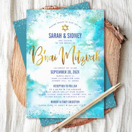 B’nai Mitzvah Gold Türkis Wasserfarben 2 Veranstal Einladung