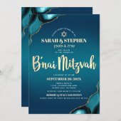 B’nai Mitzvah Turquoise Ombre Gold Script Agate Einladung (Vorne/Hinten)