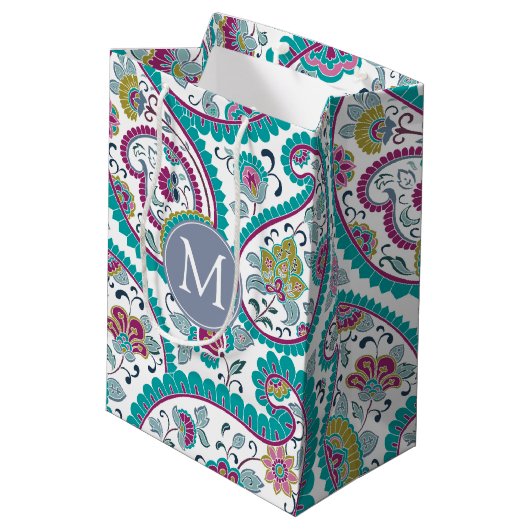 B Persian Boteh Paisley Pattern Monogram M Gift B Mittlere Geschenktüte (Rückseite Schrägansicht)
