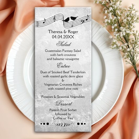 B- und W-Musik-Themed Wedding Menu Card Menükarte