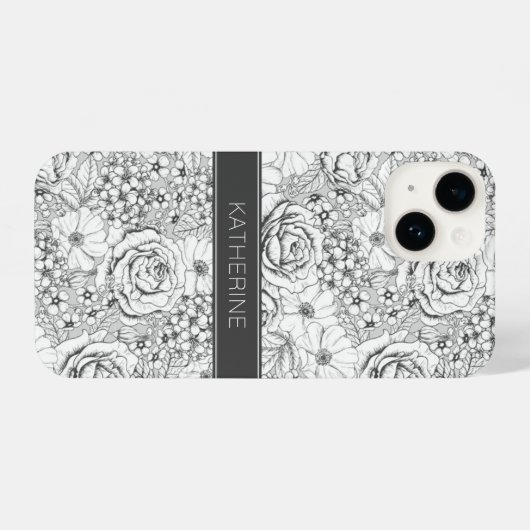 B&W Blumengarten Rose Muster iPhone Hülle (Rückseite (Horizontal))