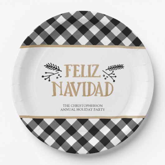 B&W Buffalo Karo FELIZ NAVIDAD Personalisiert Pappteller (Vorderseite)