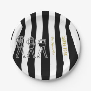 B & W drei Kaffeemaschinen gestreifter Kaffee Pappteller
