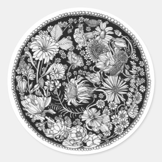 B&W Floral Runder Aufkleber (Vorderseite)