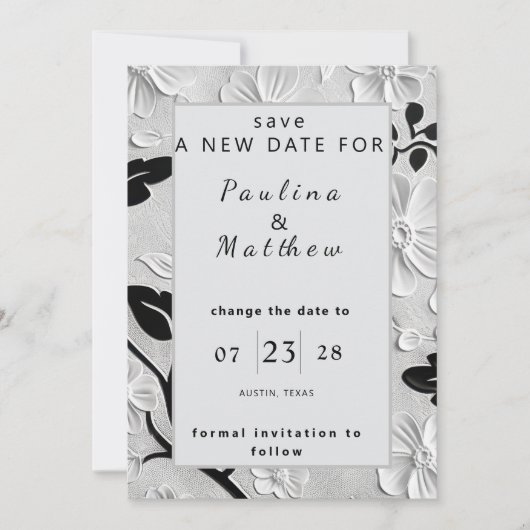 B & W Florals verändern das Hochzeitsdatum Einladung (Vorderseite)
