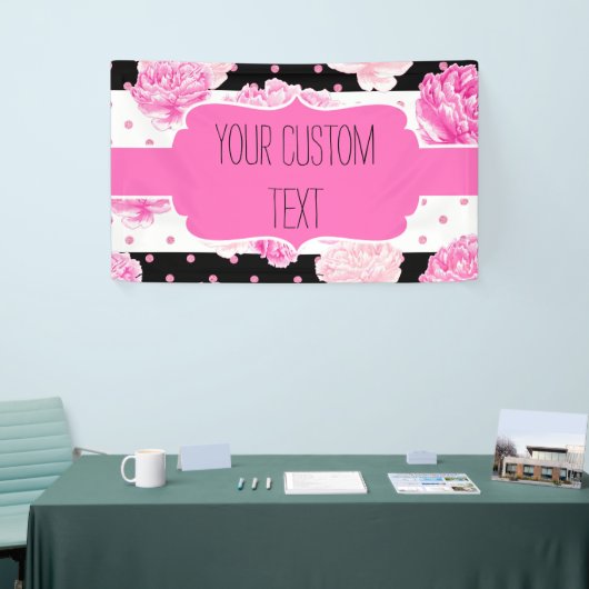 B&W Horizontal Stripes Dots Rosa Bläserner Geburts Banner (Messeveranstaltung)