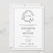 B&W Leafy Wappen Monogram Post Wedding Brunch Einladung (Vorderseite)