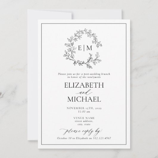 B&W Leafy Wappen Monogram Post Wedding Brunch Einladung (Vorderseite)