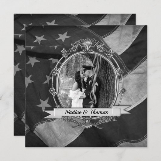 B&W Military Weditation with Fotografy Einladung (Vorne/Hinten)