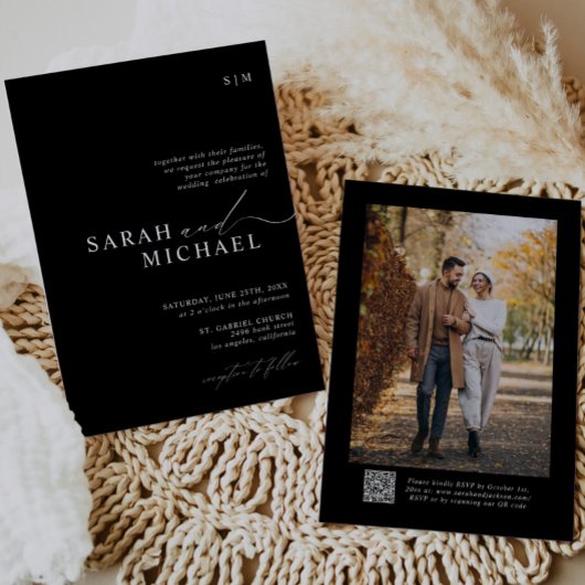 B&W Minimal Elegant Modernes Script QR Code Hochze Einladung