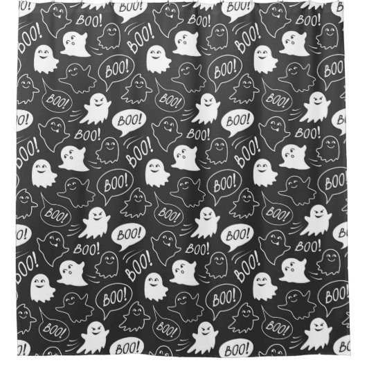 B&W Niedlich Doodle Halloween-Muster Duschvorhang (Vorderseite)