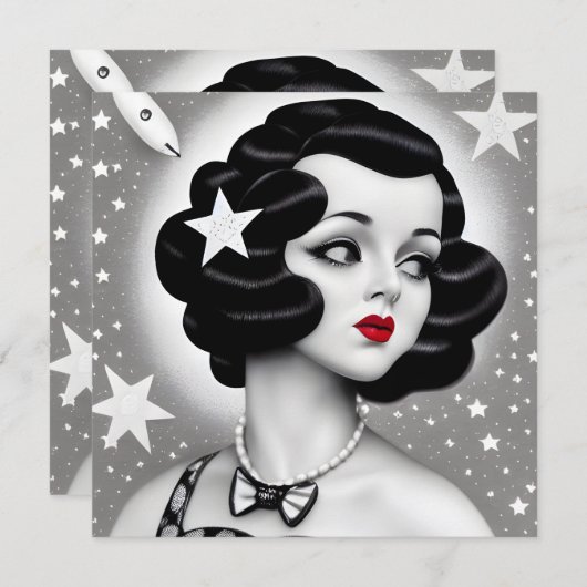 B&W Retro Art Deco Space Girl Card (Vorne/Hinten)