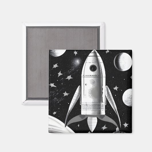 B&W Retro-Raketenschiff Magnet (Vorderseite/Rückseite)